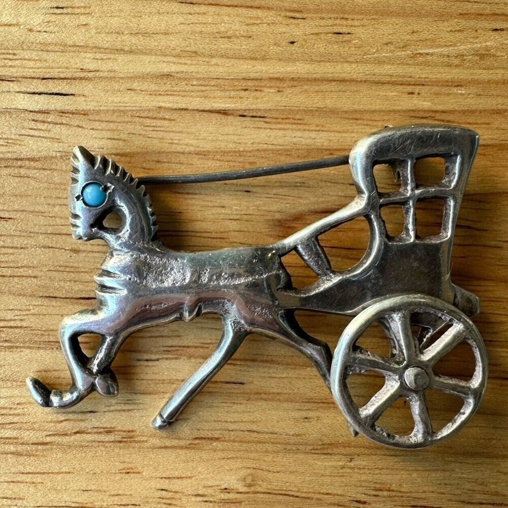 VTG Mexico Brooch Horse Buggy 2.25 Inch Turquoise Wheel 925 Sterling 16.3g